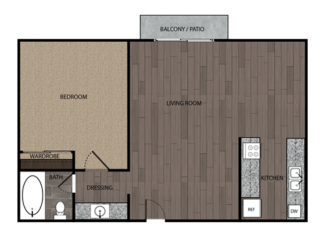 Floor plan for 1 bed, 1 bath, 750 sqft